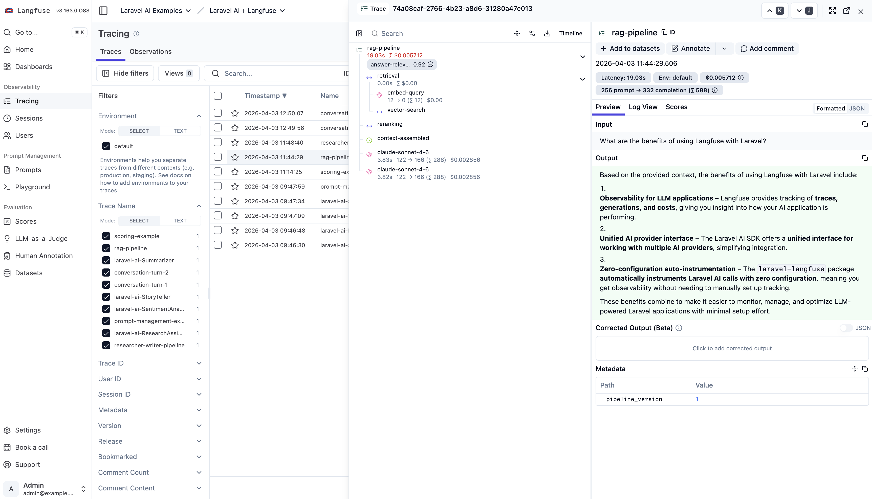 Langfuse trace view showing a RAG pipeline with nested spans, token usage, costs, and evaluation scores